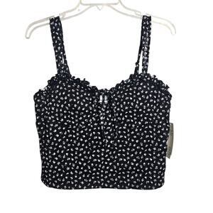 NWT Womens Floral Black Tank Top Ruffle Adjustable Straps Large 12-14